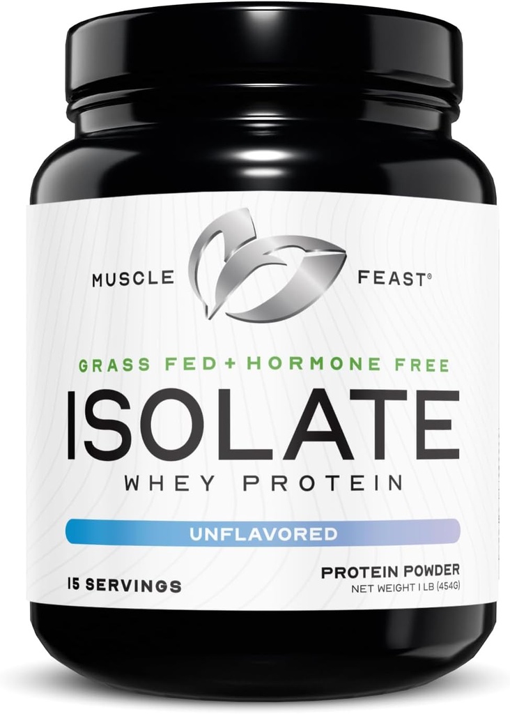 Muscle Feast Grass-Fed Whey Protein Isolate, All Natural Hormone Free Pasture Raised, Whey Isolate Protein Powder for Hombre and Women, Clean, Non-GMO & Gluten-Free, Isolate Protein - Unflavored, 1lb