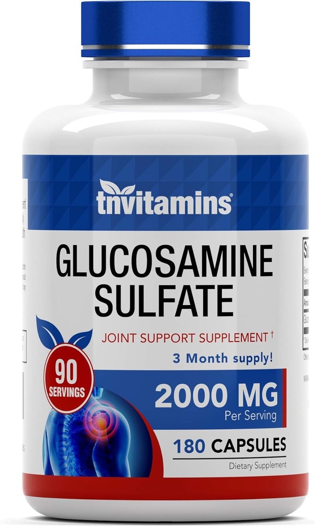 tnvitamins Glucosamine Sulfate Capsules 2000 MG (180 Conde) Silencioso Soporte Conjunto* Suplemento para Mujeres y Hombres Vida Producido en Los EE.UU.