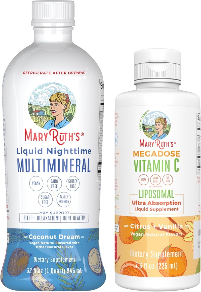 MaryRuth's Nighttime Multimineral (Cocout) & Vitamina C Liposomal (Citrus & Vanilla) Silencio Clean Label Project Verified® tención Suplemento para Bedtime & Antioxidante Silencio Vegan, No Gluten Free