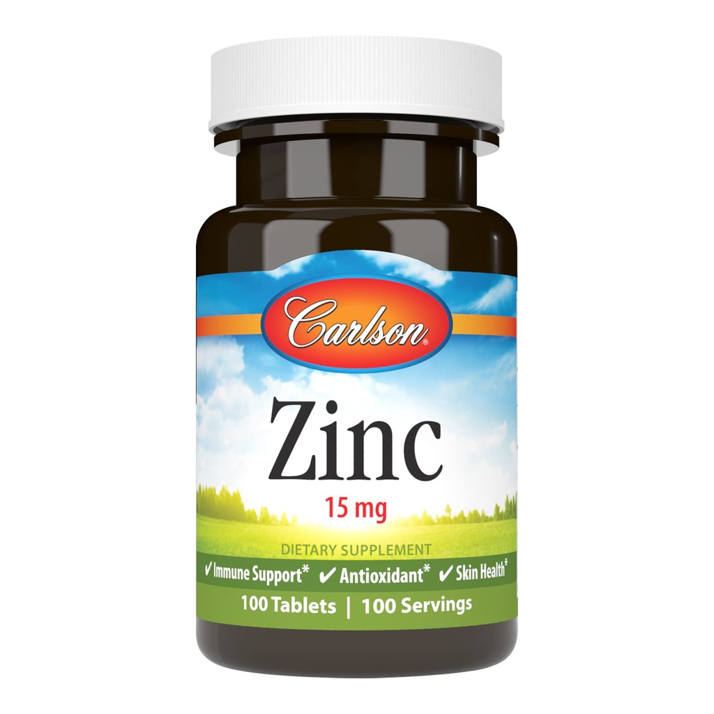 Carlson - Zinc, 15 mg, Zinc Supplement, Zinc Gluconate, Immune Support &amp; Skin Health, Zinc Tablets, Antioxidant, Zinc Capsules, 100 Tablets