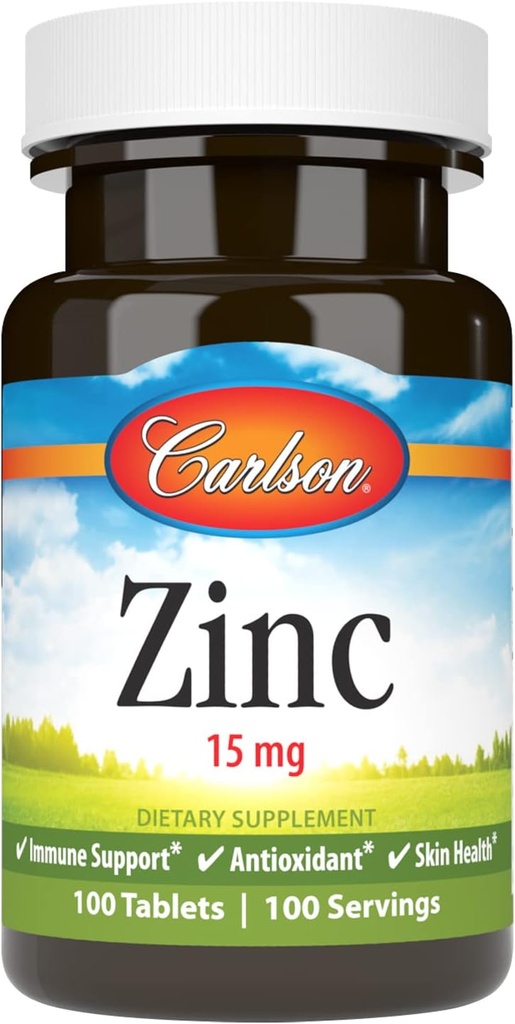 Carlson - Zinc, 15 mg, Zinc Supplement, Zinc Gluconate, Immune Support &amp; Skin Health, Zinc Tablets, Antioxidant, Zinc Capsules, 100 Tablets