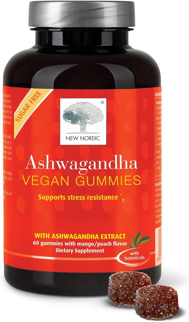 NUEVAS Gummies de Ashwagandha NORDIC, 300 mg Ashwagandha Root Extract, Sugar Free, Adaptogens for Men and Women, Delicious Mango Peach, 60 Gummies