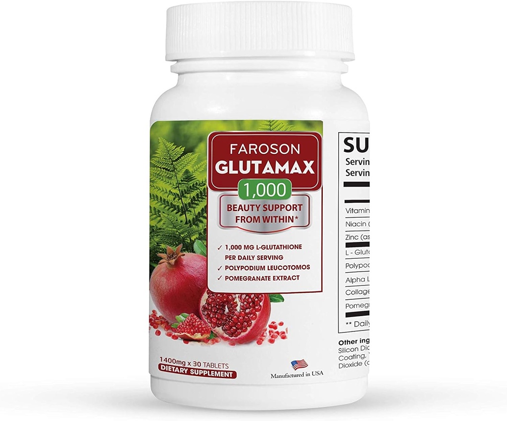 Glutamax|Whitening from Within|Glutathione 1000mg, Fern&Pomegranate Extract| antioxidant Support, Skin Elasticity, Reduce Skin Aging for Women| 30 Tablets Made in USA