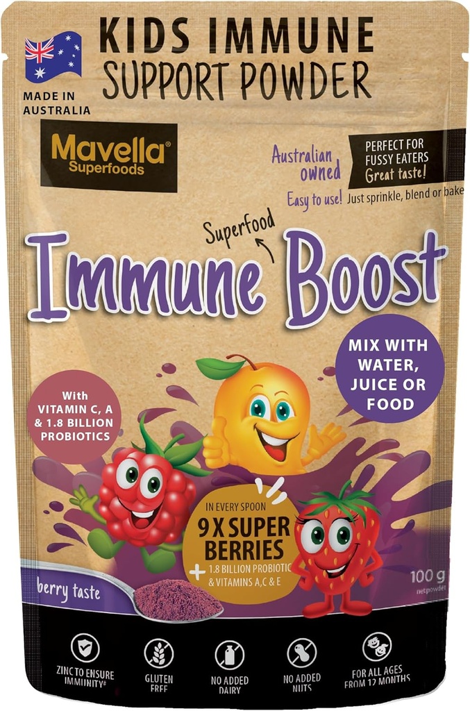 Powder de soporte infantil - Boost inmunitario con vitamina C A + E, Magnesio &amp; Probióticos para con 9 Superberries - Gummunity Gummies de sabor Berry Alternativa 3.52oz (100g)