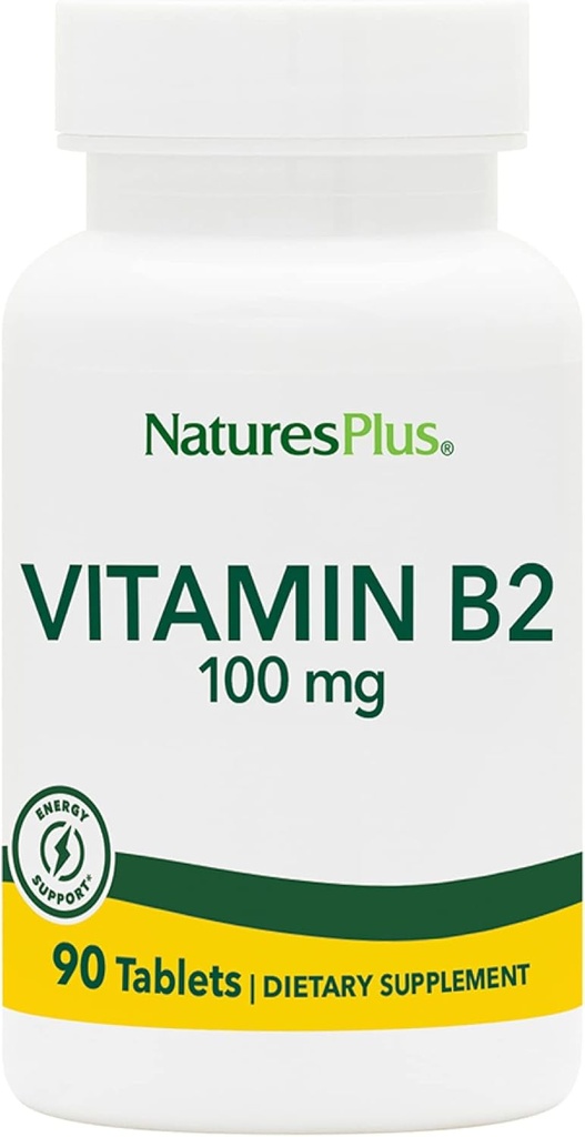 Natures Plus Vitamina B2 (Riboflavin) - 100 mg, 90 Tabletas Vegetarianas - Energía Natural y Metabolismo Booster, promueve la salud general - Gluten-Free - 90 Servimientos