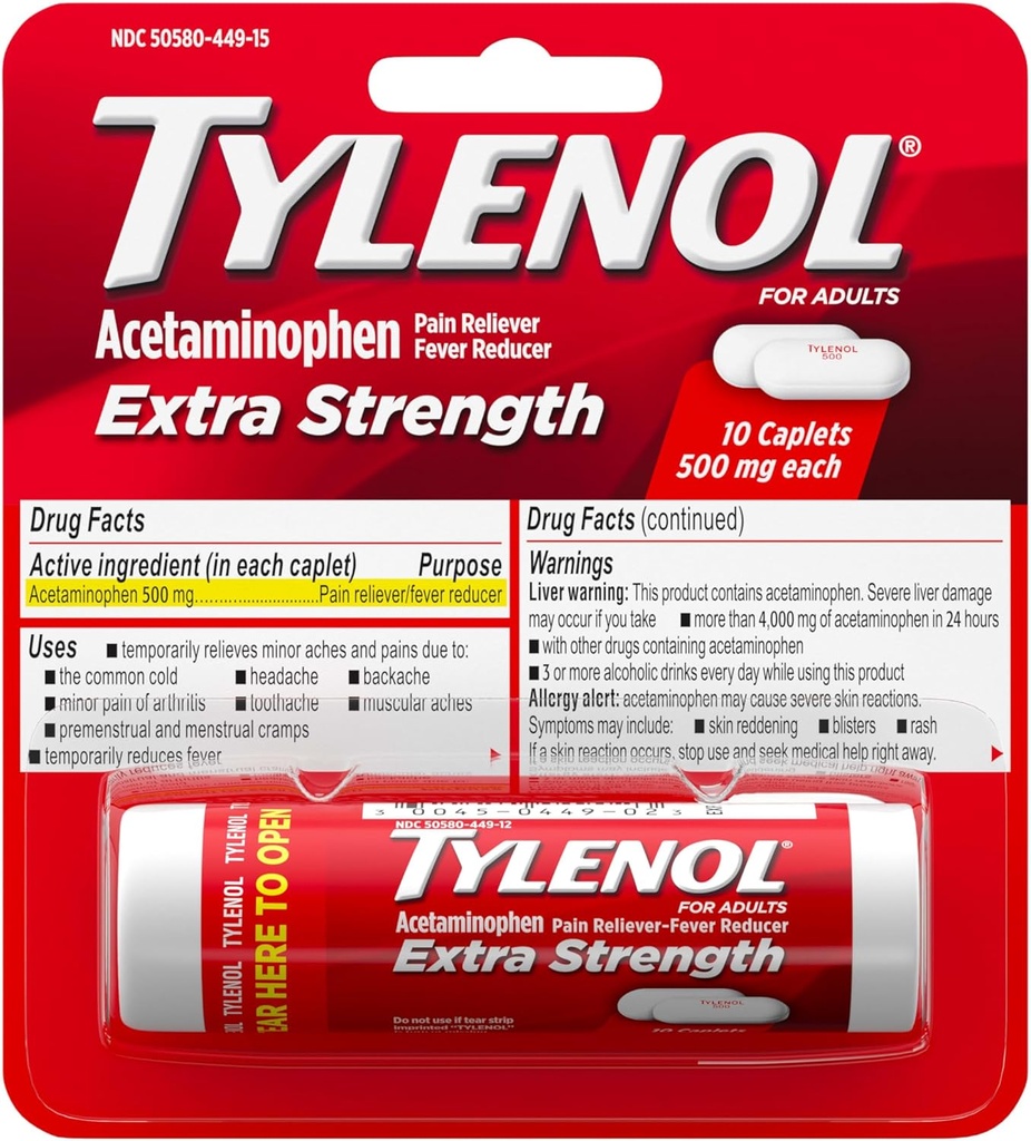 Tylenol Extra Strength 500 mg Acetaminophen Caplets, Dolor de Dolor &amp; Reductor de la fiebre, Acetaminofeno para el dolor de cabeza, Dolor de cabeza, Dolor de espalda &amp; Toothache, Tamaño de viaje, 10 ct