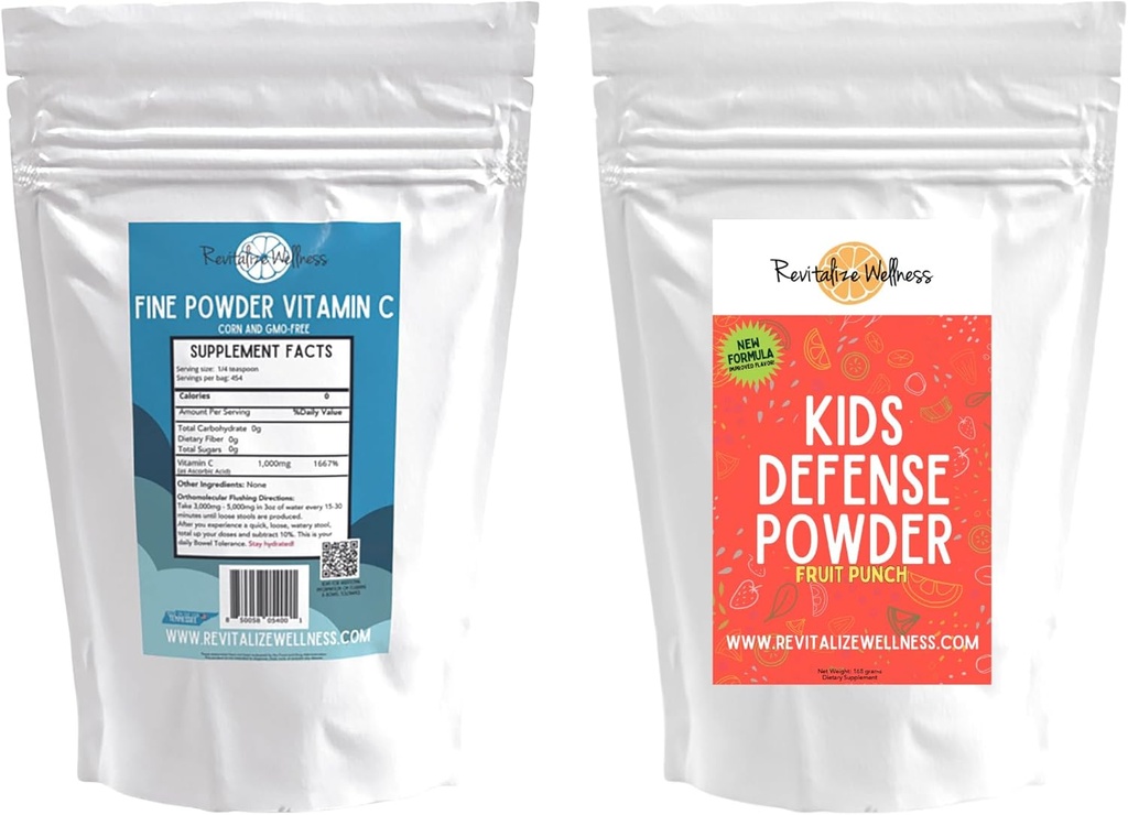 Bundle ¦ Fine Powder Vitamina C, 454 Servings, and Kids Defense Powder (Fruit Punch), 120 Servings