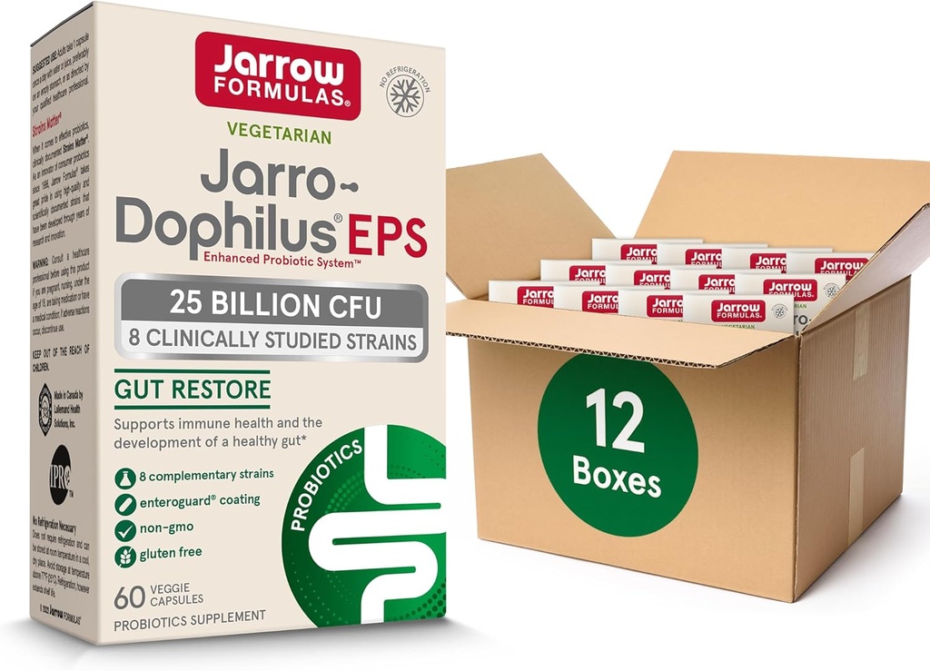 Fórmulas Jarrow Jarro-Dophilus Probióticos EPS 25 Billones CFU para apoyo intestinal, Probióticos Gut Health Suplementos para mujeres y hombres, 60 cápsulas vegetarianas, hasta un suministro de 60 días, 12 paquetes