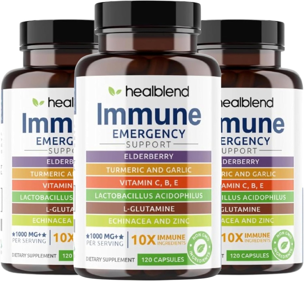 Healblend 10 in 1 Immune Support Supplement Booster with Elderberry, Zinc, Echinacea, Turmeric, Lactobacillus Acidophilus, for Adults (3 Pack)