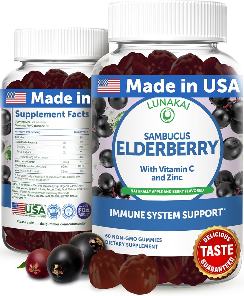 Lunakai EE.UU. Fabricó Mangas de Sambucus Negro para Adultos &amp; Niños con Vitamina C & Zinc - Soporte Inmunitario, Antioxidantes, No GMO, 60 Gummies