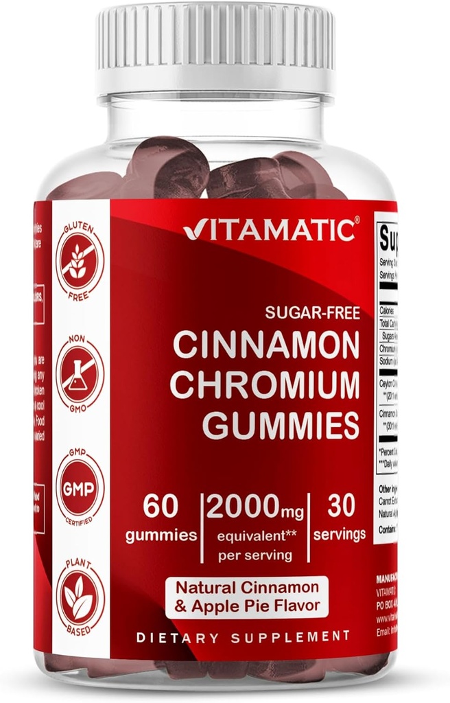 Gummies de cromo libre de azúcar con canela de Ceylán – 2000 mg Equivalente por ser (de Extracto 83 mg) – No GMO, libre de gluten – 60 gomas veganos