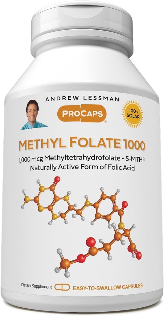 ANDREW LESSMAN Methyl Folate 1000mg - 240 Capsules - 1000 mcg L-Methyl Folate, Potent Levels of Essential Vitamin B9. Admite Healthy Heart, Brain, Immune and Pregnancy. Cápsulas fáciles de absorber