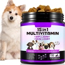 Suplementos multivitamínicos perros 15-in-1 con Glucosamina &amp; Probióticos, Vitaminas diarias naturales Mandíbulas para perros,Pet Health Support-Skin-Immunity-Gut Digestion-Joint-Heart,150 Pcs-Duck Flavor