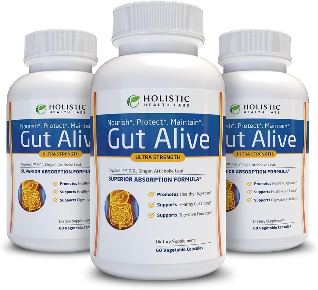 Gut Alive - All Natural Support to Fight IBS, Heartburn, Acid Indigestion, Acid Reflux, Bloating & Gas. Fórmula única (60 Cuenta (Pack of 3))