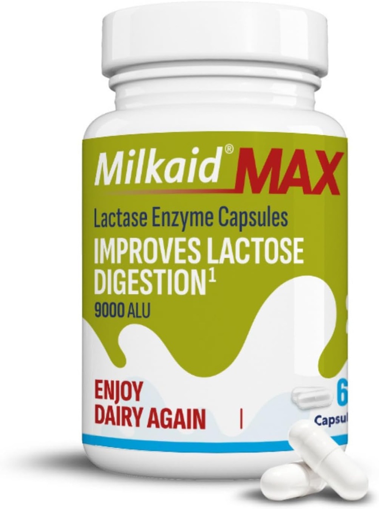 Lecheide Max Capsules para Alivio de Intolerancia de Lactosa con Enzima Lactasa, Suplemento dietético para ayudar a prevenir el gas, ruborización y diarrea debido a la sensibilidad de la lactosa ¦ 9000 ALU (60 cápsulas, desinflavorados)