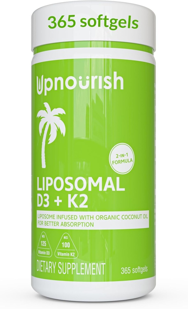 UpNourish Liposomal D3 & K2 MK-7, Advanced Absorption for Optimal Bone and Immune Health, Supplies 5000 IU 125 mcg Vitamin D3 y 100 mcg Vitamin k2 con Organic Coconut Oil, 365 Mini softgels