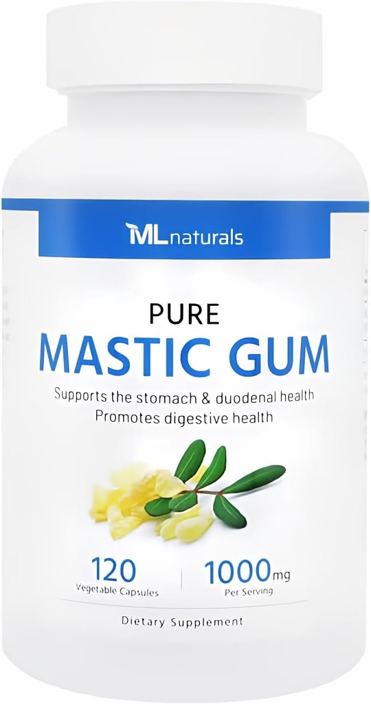 ML Naturals Mastic Gum 1000mg 120 Vegan Capsules. Calidad Premium, soporta Stomach " Duodenal Health, NSF-Certified " cGMP-Compliant