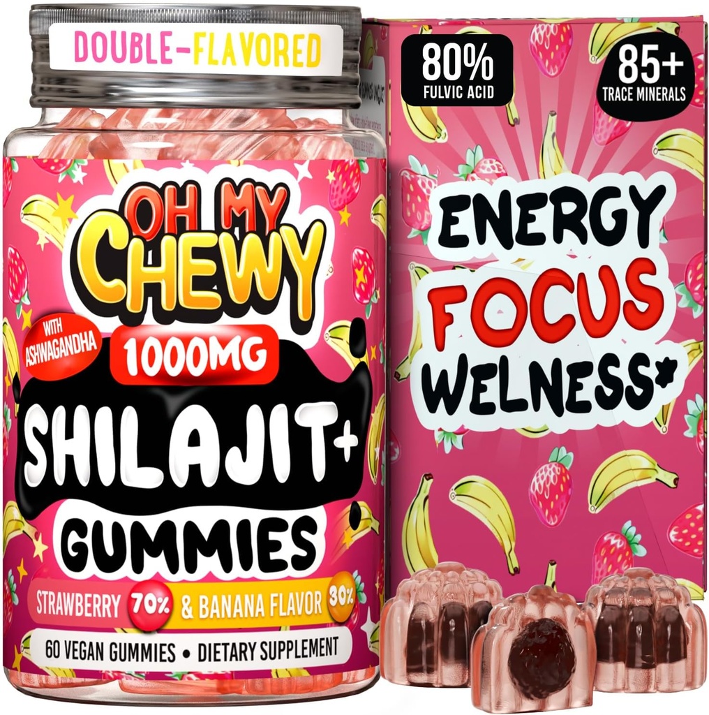 Pure Himalayan Shilajit Gummies - High Potency Gold Grade Resin - Energy Boost and Immune Support for Hombres and Women with Ashwagandha and Shatavari - 60 Gummy - Strawberry & Banana