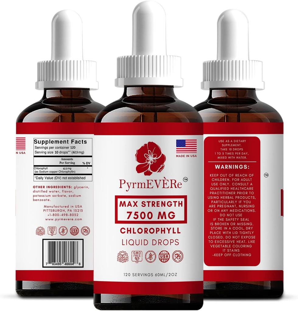 PyrmEVERe Chlorophyll Liquid Drops -Made in USA, Mint Flavor, Liquid Chlorophyll | Energy Booster, Immune Support, Natural Deodorant, Altitude Sickness Relief | Non GMO & Vegan - 120 Servings