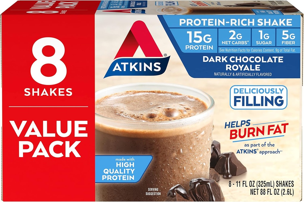 Atkins Gluten Free Protein-Rich Shake, Dark Chocolate Royale, Keto-Friendly, 8 Cuenta (Pack of 1)