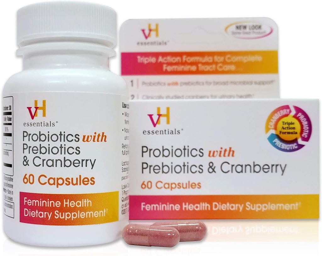 vH essentials Probiotics with Prebiotics and Cranberry Feminine Health Supplement, 60 Count