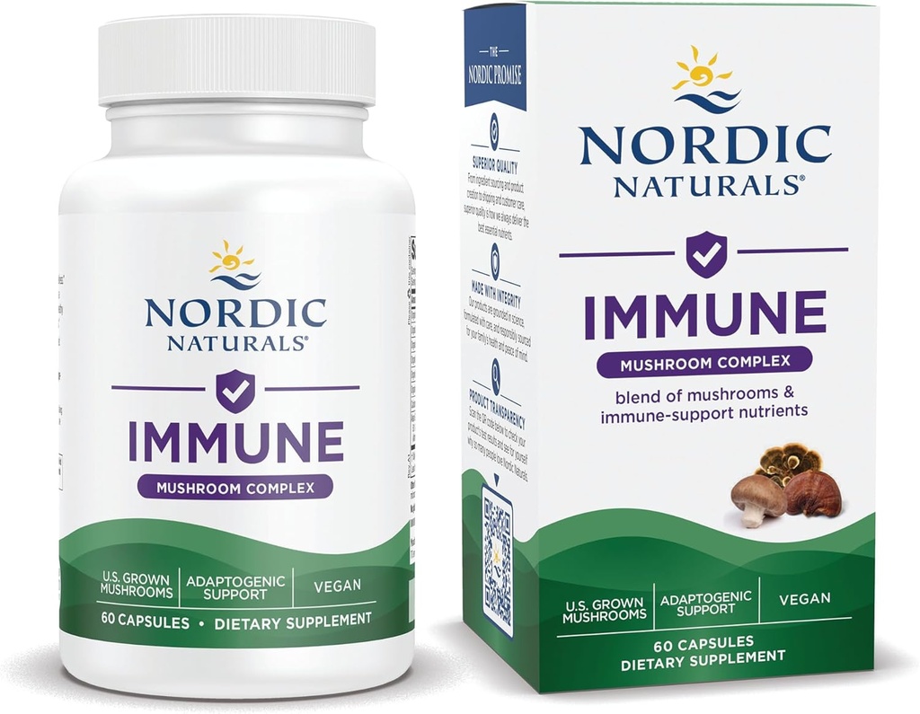 Nordic Naturals Immune Mushroom Complex, Unflavored - 60 Capsules - Soporte Adaptogénico - Multi-Mushroom Blend - Bienestar Optimal - Non-GMO - Certified Vegan - 30 Servimientos