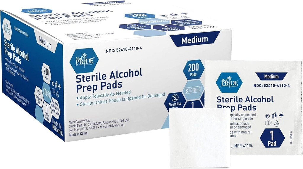 MED PRIDE Sterile Alcohol Prep Pads, Antiseptic, 70% Isopropyl, Individually Wrapped, Medical Grade 2 Ply Wipes (200 Count (Pack of 1) White)