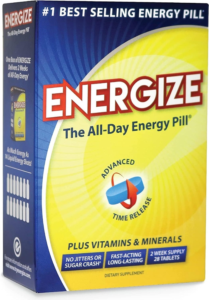 Energize Caffeine Pills - Fast Acting Energy Pill - Healthy Focus Brain Supplement - Mejor rendimiento, alerta y claridad - Todo el día Energía, Sin Jitters, No Crash - 28 Time Released Tablets