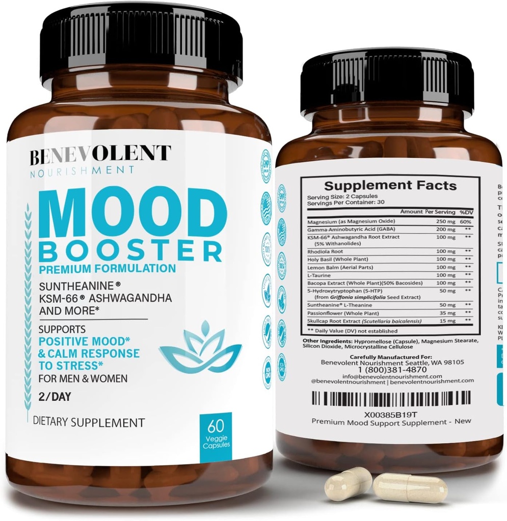 Calma Mood Booster Suplemento - Natural Happy Pills for Stress, Sleep & Mood Support - Patented KSM-66® Ashwagandha & Suntheanine® L-Theanine, Rhodiola Rosea, Magnesio - 60 Conde