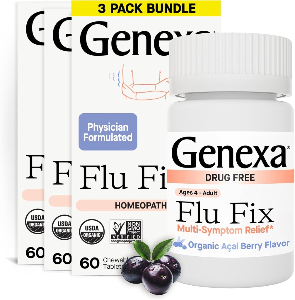 Genexa Flu Fix ← Remedio de la gripe multi-síntoma para niños y adultos ← Delicious Organic Acai Berry Flavor ← Certified Organic " Non-GMO ← Homeopathic Remedy Made Clean TEN 180 Chewable Tablets (3 Pack)