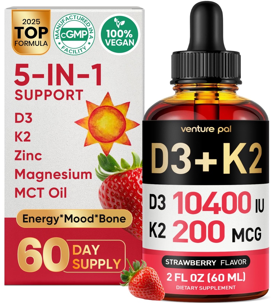 Venture Pal 5-in-1 Vitamin D3 10000 IU & K2 as MK-7 200mcg with Magnesium, MCT Oil, Zinc, Sugar-Free Vitamin D Liquid |Maximum Absorption for Bone, Mood & Immune Health - 2 FL OZ, 67 Days