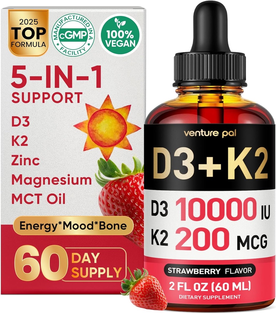 Venture Pal 5-in-1 Vitamina D3 10000 UI &amp; K2 como MK-7 200mcg con Magnesio, MCT Oil, Zinc, Vitamina D Líquida Libre de Azúcar SilencioMaximum Absorption for Bone, Mood &amp; Immune Health - 2 FL OZ, 60 días