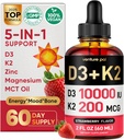 Venture Pal 5-in-1 Vitamina D3 10000 UI &amp; K2 como MK-7 200mcg con Magnesio, MCT Oil, Zinc, Vitamina D Líquida Libre de Azúcar SilencioMaximum Absorption for Bone, Mood &amp; Immune Health - 2 FL OZ, 60 días