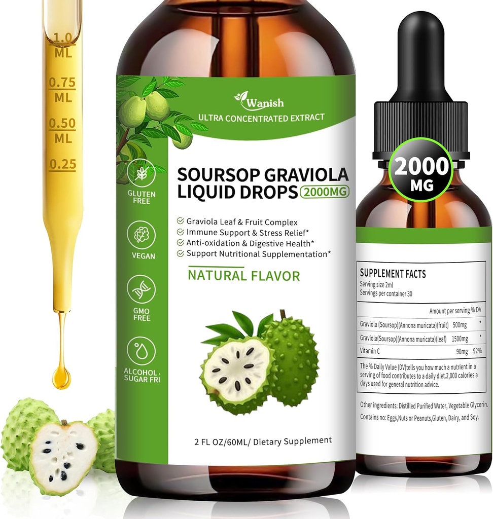 Wanish Organic Soursop Graviola Liquid Drop,Sour SOP Bitters Liquid for Cell Support & Regeneration, Immune Boost, Liver and Sleep, Herbal Goodness, Sugar/Gluten Free, Natural Flavor, 2 Fl Oz
