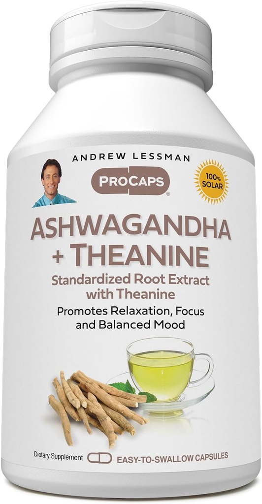 ANDREW LESSMAN Ashwagandha + Theanine 180 Capsules - Standardized Extract. Promueve Relajación, Focus y Mood Equilibrado. Cápsulas pequeñas fáciles de absorber