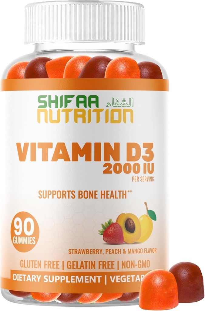 SHIFAA NUTRITION Vegetarian Vitamin D3 Gummies for Adults & Kids | 45-90 Servings, 2,000IU / 1,000IU | Non-GMO, Gluten-Free, Gelatin-Free | Supports Bones, Muscles & Immune System Halal Vitamins