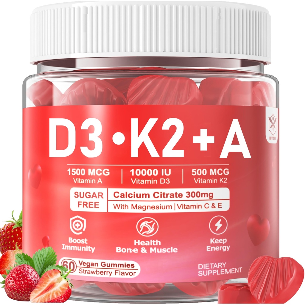 Vitamina D3 10000iu + K2 MK7 + A Gummies with Calcium Magnesium Zinc for Women &amp; Men, High Potency ADK Vitamin Supplement Support Healthy Immune System, Bone and Vision Function, Sugar Free 120 Cts