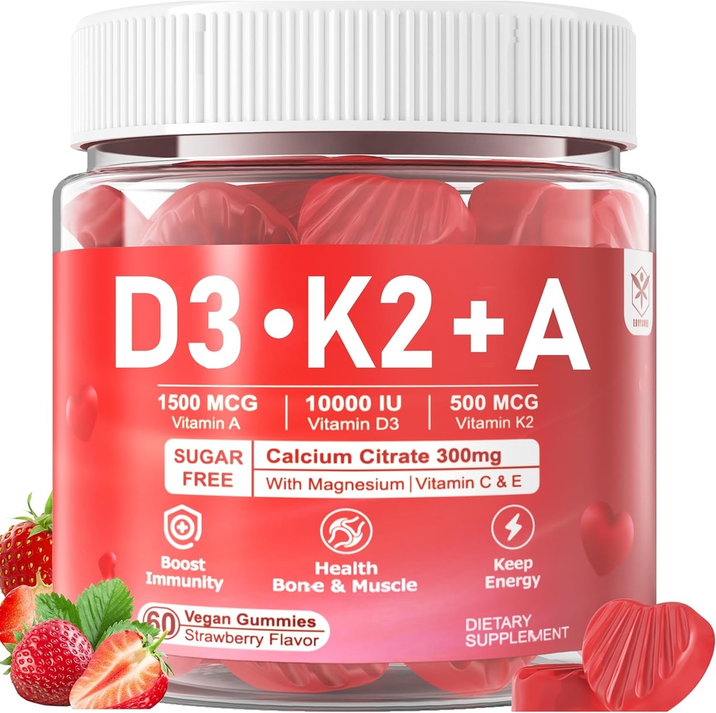 Vitamina D3 10000iu + K2 MK7 + A Gummies with Calcium Magnesium Zinc for Women &amp; Men, High Potency ADK Vitamin Supplement Support Healthy Immune System, Bone and Vision Function, Sugar Free 120 Cts