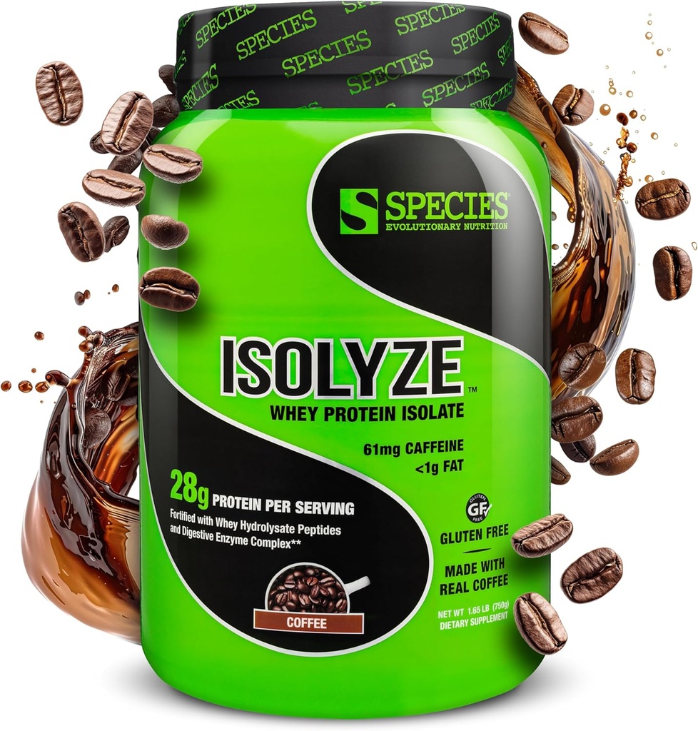 Especies Nutrición Isolyze Whey Protein Powder, 100% Whey Isolate for Muscle Building, 27.5g Protein Por Scoop, No Sugar & Low Fat (Coffee, 22 Servings)