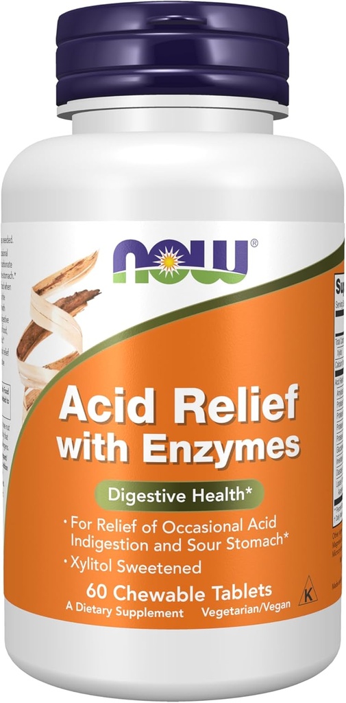 AHORA Suplementos de alimentos, Alivio ácido con Enzimas, Xylitol Endulzado, Salud Digestiva*, 60 Chewables