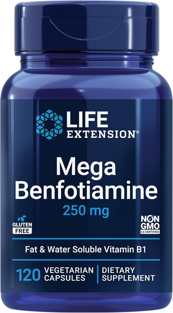Life Extension Mega Benfotiamine, 250 mg, a Fat-Soluble Form of thiamine, Healthy Metabolism, Ultra-bioavailable Vitamin B1, high Potency, Gluten-Free, Non-GMO, Vegetarian, 120 Capsules