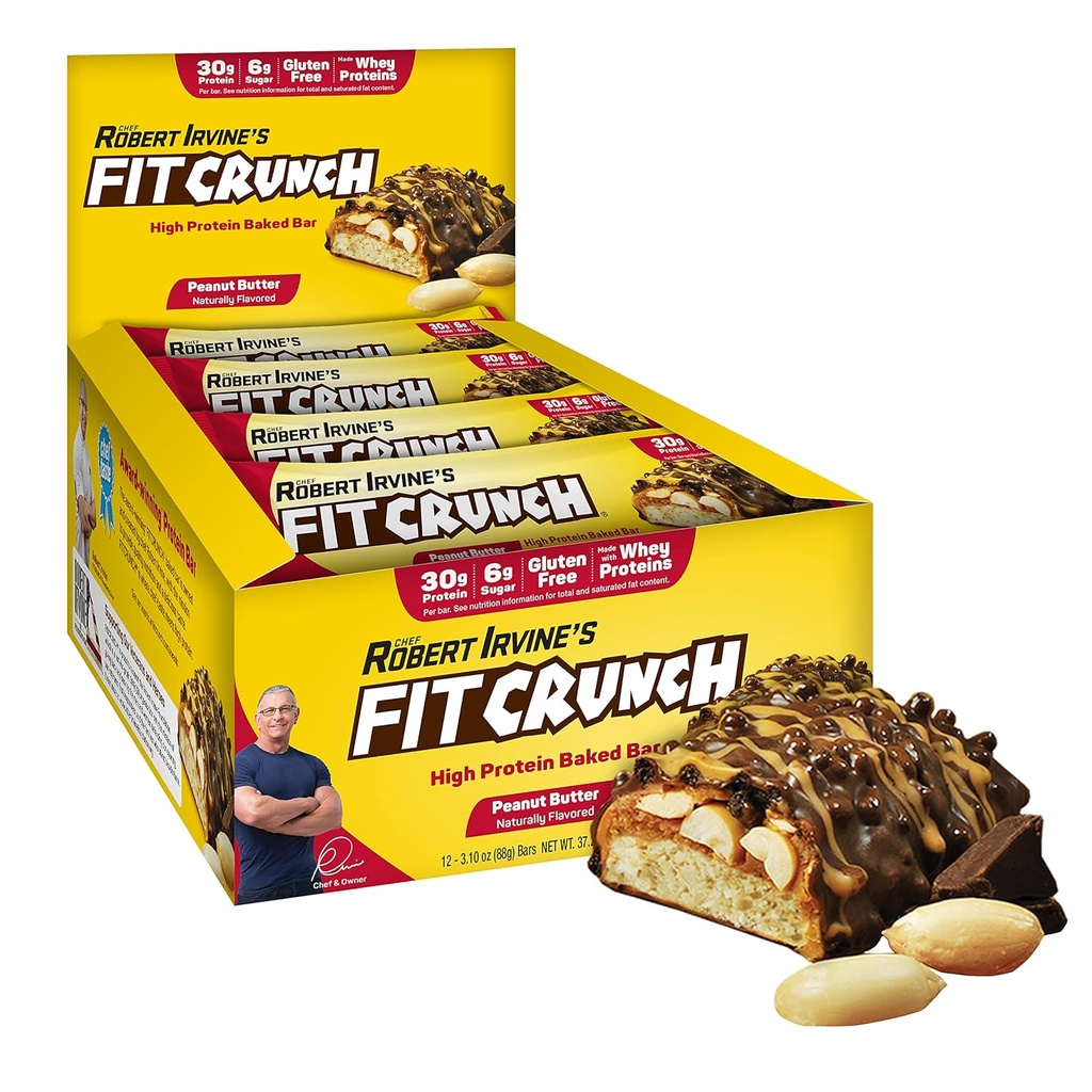 FITCRUNCH Full Size Protein Bar, 6-Layer Baked Bar, 6g de Azúcar, Gluten Free &amp; Soft Cake Core (12 Bares, Peanut Butter)