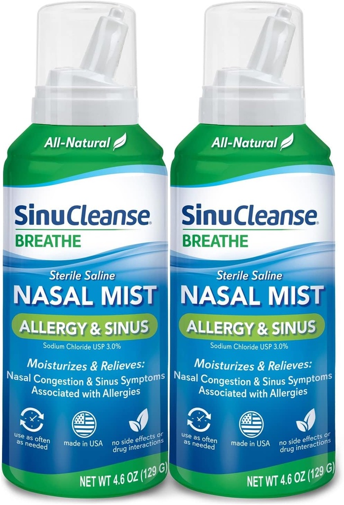 SinuCleanse Alergía " Sinus Sterile Nasal Spray, Ultra Fine Mist, Moisturizes " Relieves Severe Nasal Congestion Due to Allergies, 4.6 Oz (2 Pack), Made in USA