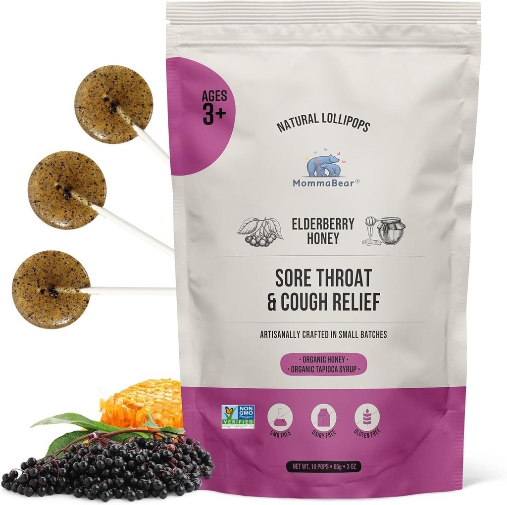 MommaBear Natural Sore Throat Relief Lollipops – Elderberry &amp; Honey Kids Cough Lollipops – Organic Cough Kids Lolli Treats, No Artificial Additives – Tightly Sealed for Freshness (10 Pack)