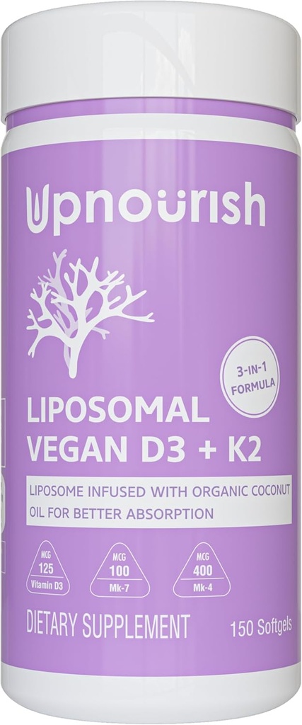 UpNourish Certified Vegan Vitamin D3 5000 IU K2 MK4 MK7 500 mcg Suplemento, 150 Softgels, Planta de vitamina Liposomal Vitamina D K con aceite de coco orgánico, No GMO, Gluten y Gelatin Gratis