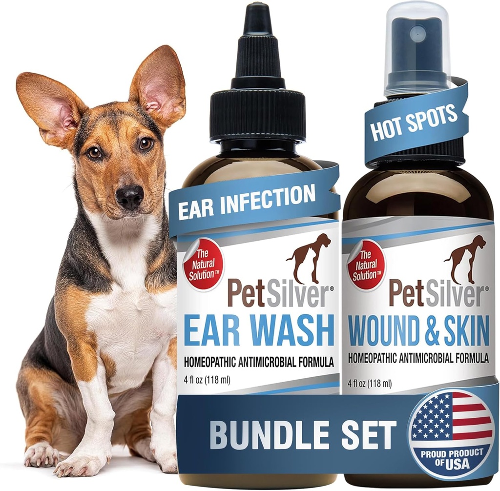 PetSilver - Wound & Skin Spray (4 fl oz) y Ear Wash (8 fl oz) con Patented Chelated Silver - Wound Care, Hot Spot, & Itch Relief Spray - Ear Cleaner &amp; Treatment for Cats and Dogs - Made in USA