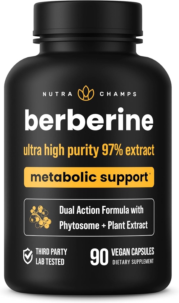 NutraChamps Berberine Suplemento ← Ultra High Strength 97% Purity  Berberine HCL 1500mg + Berbevis Phytosome Extract for Enhanced Absorption &amp; Metabolic Support ← Premium 500mg 90 Vegan Capsules