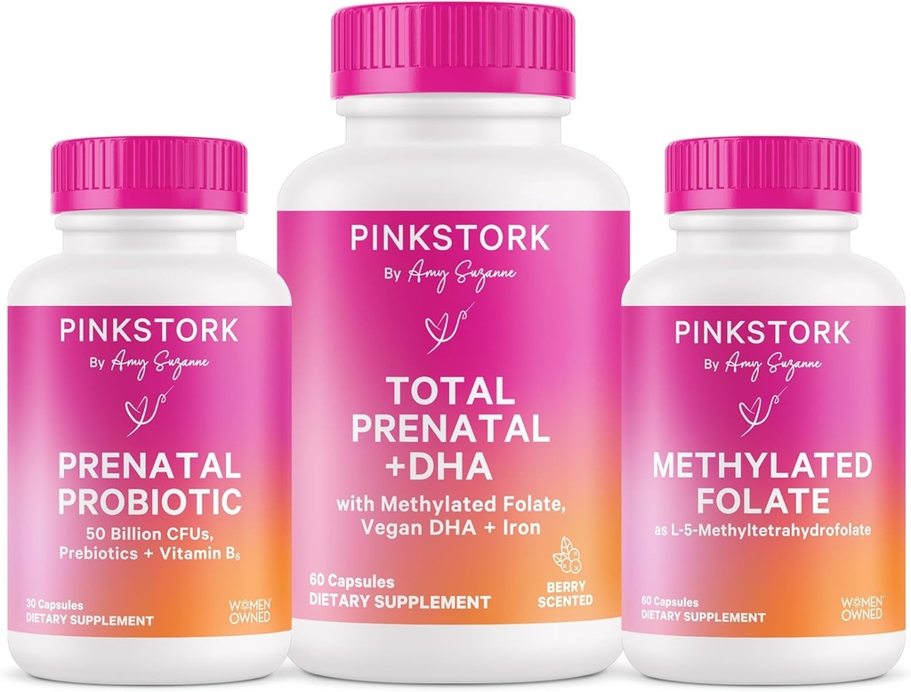 Pink Stork Total Prenatal, Probiotic &amp; Methyl Folate – Pregnancy Wellness Bundle