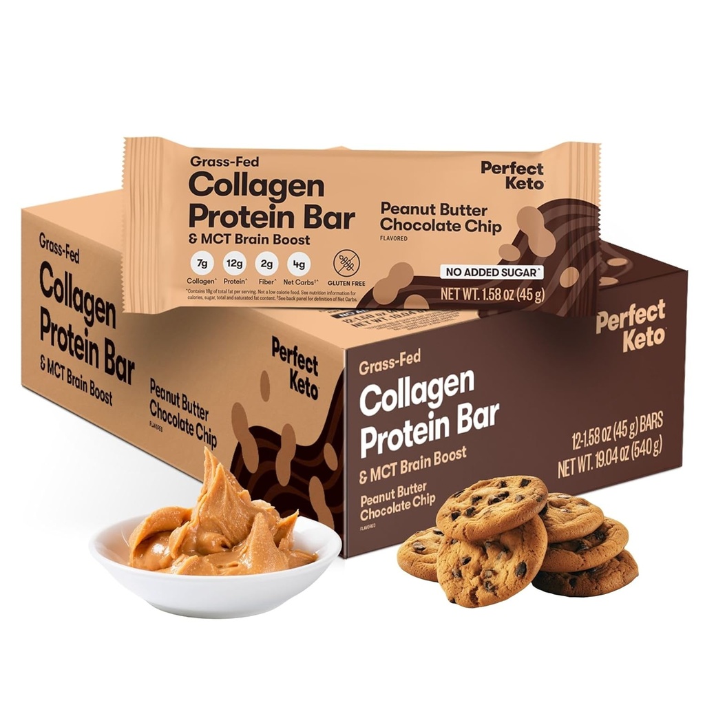 Perfect Keto Collagen Protein Bar, Gluten Free Grass Fed Collagen + MCT Aceite, Bajo Carb, No Sugar Añadido, Alta Proteína Snacks, Alimentos de Keto Dieta, 13g Proteína, 18g Grado, 3g Net Carbs, Peanut Butter Chocolate Chip, 12 Bares