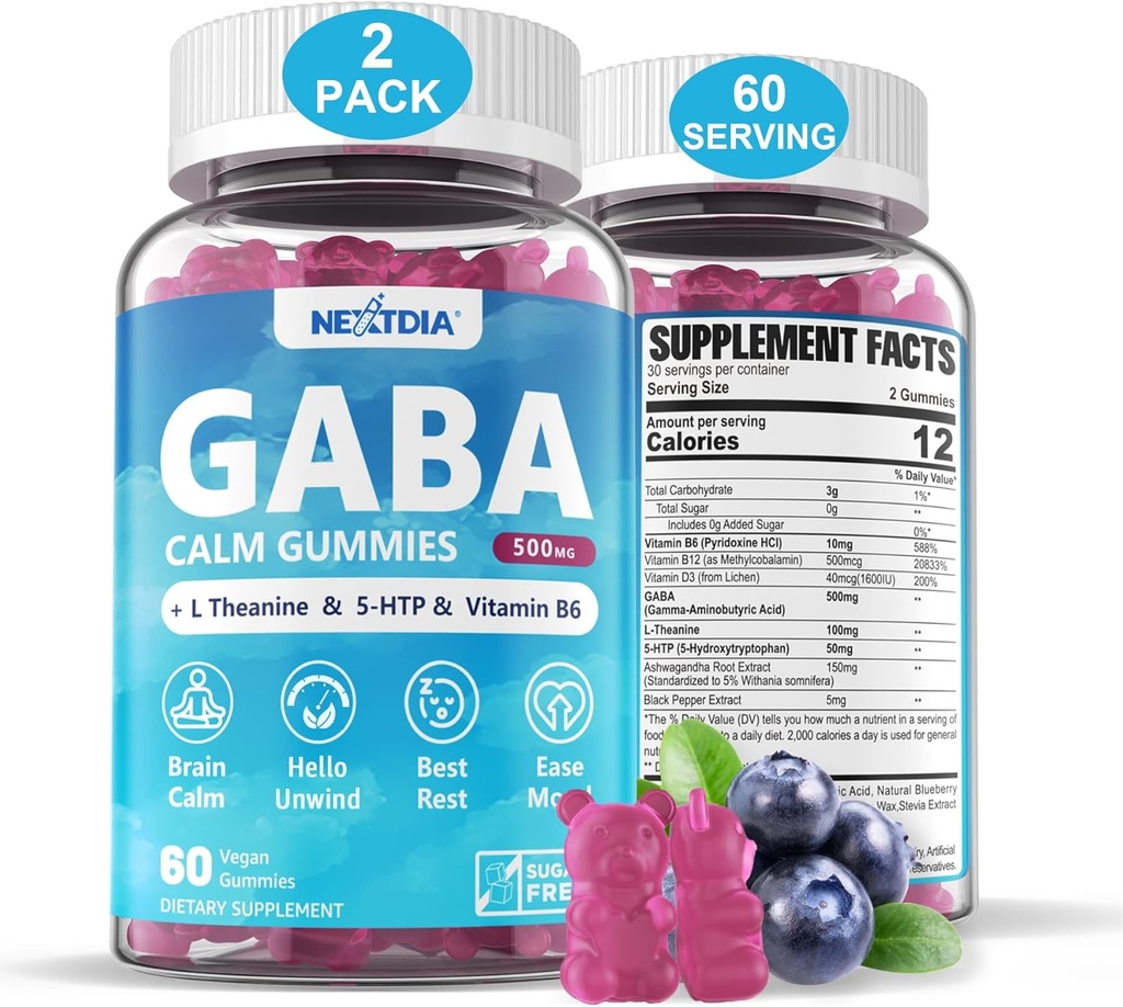 GABA Gummies 500 mg - Gummies de calma sin azúcar con L Theanine, 5-HTP, Vitaminas D3, B12, Ashwagandha, Melatonina-Free for Brain Calm, Mood, Zzz Better, Suplemento GABA para Adulto, Blueberry Flavor, Vegan